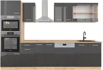 Vicco Mueble De Cocina R-line, Antracita Brillo Intenso/roble Dorado El&eacute;ctrico, 300 Cm Con Armario Alto, Sin Encimera