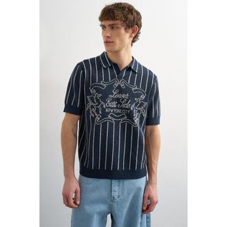 Topman Lower East Side Johnny Collar Jacquard Polo Sweater in Navy at Nordstrom, Size Xx-Large