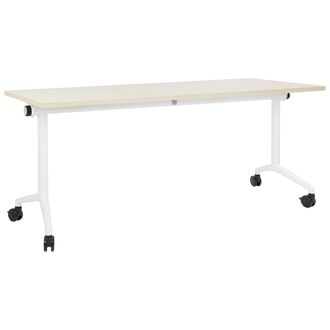 Beliani Escritorio Rectangular Moderno Plegable Con Ruedas Mesa M&oacute;vil Port&aacute;til Estructura Met&aacute;lica 180 X 60 Cm Madera Clara Y Blanco Cavi