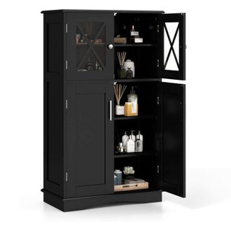 Costway Bathroom Floor Storage Cabinet Freestanding Linen Storage Cabinet w/ 4 Doors & 3 Adjustable Shelves