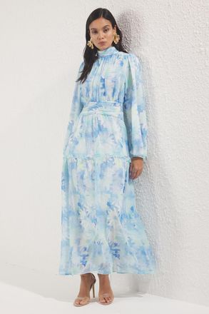 Trendyol Modest Dames Blauw Bloemen Maxi Lang Casual Skater Modest Jurken