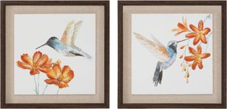 Melrose International Framed Hummingbird Floral Print (Set of 2) - White, Green, Blue