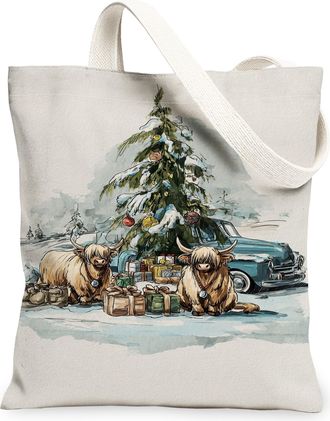 Generic Winter Cattle Canvas Tote Bags, Rustic Animal Pattern Reusable Grocery Bags, Vintage Lightweight Washable Shoulder Strap Ca, Beige, 13x15 Inch