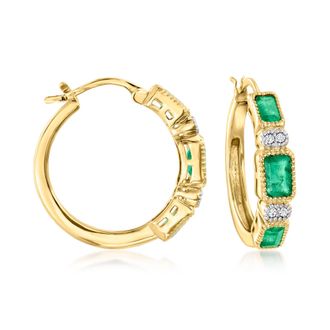 Ross-Simons Emerald and. Diamond Hoop Earrings in 18kt Gold Over Sterling