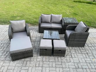 Fimous Rattan Garden Furniture Set Patio Conservatory Indoor Outdoor 8 Piece Set with Love Sofa Square Coffee Table in Dark Grey