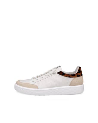 Ecco Womens Soft 60 Leather Sneakers In Limestone/white/leopard Hair