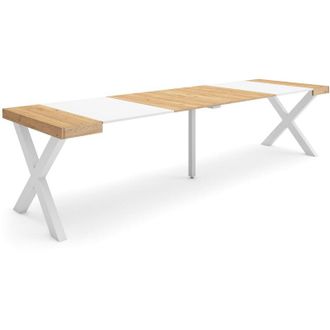 Skraut Home Mesa Consola Extensible, Mesa Comedor Plegable, 300, Para 14 Comensales, Patas Madera Maciza, Estilo Moderno, Roble Y Blanco - Skraut Home