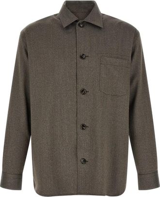 Brioni Werkshirt - Heren - Casual Overhemden - Bruin - L - Wol - Overhemden