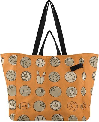 Generic Baseball Orange pattern Reusable Canvas Tote Bag, Heavy Duty Grocery Shopping Bag with Double Handles Large Capacity Hard Bottom Work Groceries Travel
