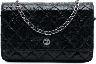 Chanel Pre-owned Womens Cc Quilted Crinkled Patent Wallet On Chain - Black Leather - One Size