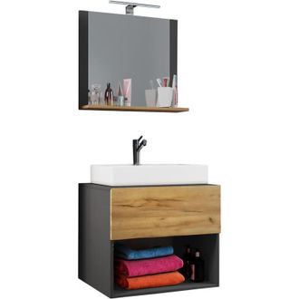 ebuy24 Ebuy24 - Vcm 3 Pcs Fregadero Ancho 80 Cm Set De Muebles De Ba&ntilde;o Lavabo Lendas Ll Espejo (antracita / Roble Miel)