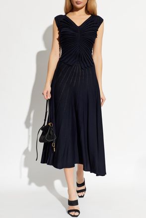 Alaia Wool Dress With Decorative Draping, Womens, Navy Blue