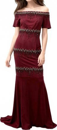 Escada Off-Shoulder Evening Gown In Burgundy