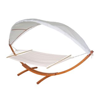 Hhg Hamaca Hhg-675, Columpio Colgante Con Capacidad Para 200 Kg, Toldo Y Estructura De Madera Mvg De 420 Cm Para 2 Personas, Marr&oacute;n, Blanco Crema