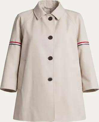 Thom Browne Water-Resistant Twill Cropped-Sleeve Car Coat w/ Striped Armband
