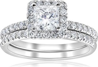 Pompeii3 2 5/8ct Princess Cut Halo Diamond Engagement Wedding Ring Set Lab Grown 14k Gold