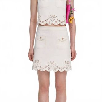 Self Portrait Broderie Denim Mini Skirt In Ecru