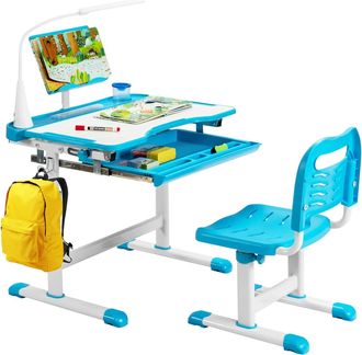 Costway Costway - Set Escritorio Y Silla Para Ni&ntilde;os Altura Regulable Mesa Para Estudiar Y Silla Con Atril Para Libros (azul)