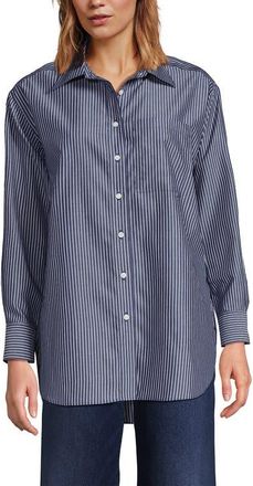 Lands End No Iron Oversized Poplin Extra Long Tunic in Deep Sea Navy Thin Stripe at Nordstrom, Size Xx-Small