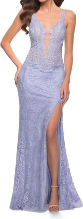 La Femme Long Lace Gown In Light Periwinkle