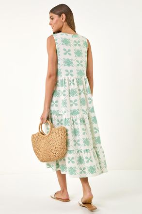 Roman Floral Motif Tiered Midi Dress