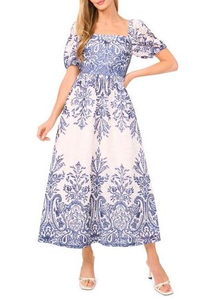 Ted Baker Print Eyelet Puff Sleeve Midi Dress in Classic Navy at Nordstrom, Size Large