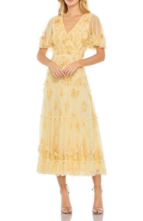 Mac Duggal Floral Embellished Flutter Sleeve Dress in Butter at Nordstrom, Size 10
