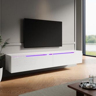 Elegant Lighting High Gloss tv Stand Cabinet with led Light Handle-Free Design White 180cm tv Cabinet Wall Mounted/Floor Mounted - Elegant