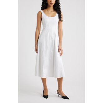 Open Edit Seamed Strech Cotton Poplin Midi Dress in White at Nordstrom, Size Xx-Small