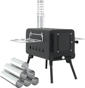 vidaXL Estufa Le&ntilde;a De Tienda Con Chimenea Patas Plegables Acero Negro Vidaxl