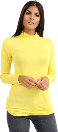 Janisramone Womens Ladies Long Sleeve Turtle Polo Neck T-Shirt Slim Fit Jersey Casual Basic Plain Tee Vest Top Yellow