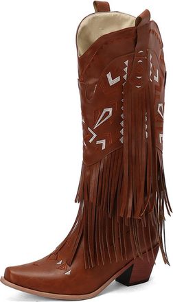 Generic Womens Square Pointy Toe Knee High Boots Block Heel Tassel Boots Pull on Long Boot with Embroidery Stitched,Brown,8.5 UK