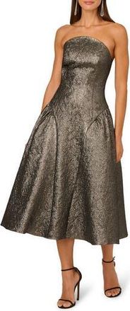 Adrianna Papell Metallic Jacquard Strapless Midi Dress in Gunmetal at Nordstrom Rack, Size 10