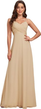 Ever-pretty Womens Maxi Bridesmaid Dress Spaghetti Straps V-Neck A-Line Chiffon Empire Waist Backless Dress Champagne 18UK