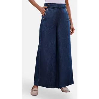 Yumi Chambray Wide Leg Trousers in Blue at Nordstrom, Size 14