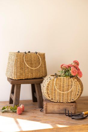 Kalalou Set Of 2 Woven Vine Baskets With Hinged Handles