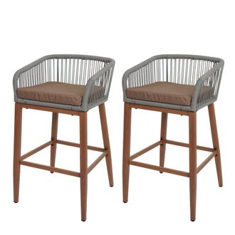 Hhg [nunca Usado] Juego De 2 Taburetes De Bar De Cuerda Hhg-110, Asiento De Exterior De Cuerda De Metal Imitaci&oacute;n Madera, Gris Claro, Coj&iacute;n Topo