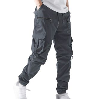 Generic Mens Tapered Cargo Trousers with Zipper Pockets Elasticated Waist Adjustable Cuffs Casual Streetwear Pants Daily Wear Outdoor Trousers Bottoms Dark Gr