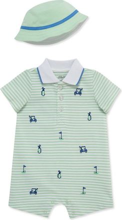 Little Me Golf Embroidery Romper & Hat Set in Green at Nordstrom, Size 12M
