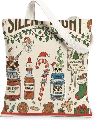 Generic Christmas Holiday Canvas Tote Bags, Festive Vintage Fanciful Design Reusable Grocery Bags, Lightweight Washable Shoulder St, Beige, 13x15 Inch