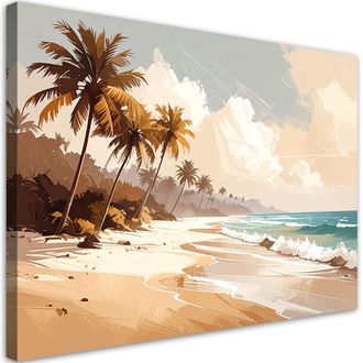 Feeby Impresi&oacute;n De Imagen, Playa Tropical Mar Y Palmeras En Tonos Pastel Y Beige, 100x70