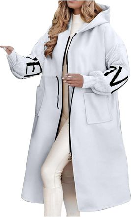 Generic Womens Hooded Long Sleeve Knitted Sleeves Patchwork Casual Jacket, Letter Knitted Casual Drawstring Waist Outerwear (White,3XL)