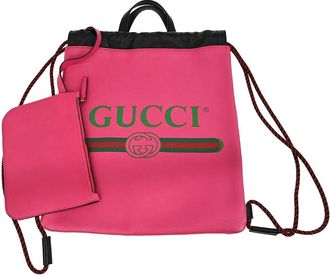 Gucci Logo Drawstring Backpack Printed Leather Pink Leather Backpack Bag (Pre-Owned)