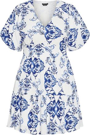 City Chic Winslow Print Puff Sleeve Dress in Willow Bird at Nordstrom, Size Xxxs