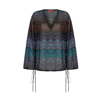 Missoni V-neck Knitwear, female, Blue, Size: M Chevron Motif Blouse