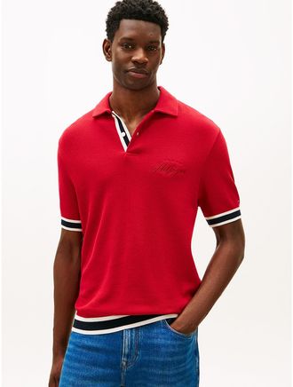 Tommy Hilfiger Mens Classic Fit Script Logo Tipped Polo - Red - L