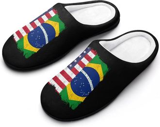 Generic U.S. And Brazil Flag Cotton Womens Slip-on Slippers Winter Warm House Shoes with Rubber Sole for Home Office Hotel
