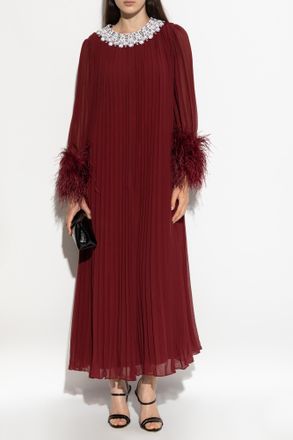 Self Portrait Pleated Dress With Appliqués, Womens, Burgundy