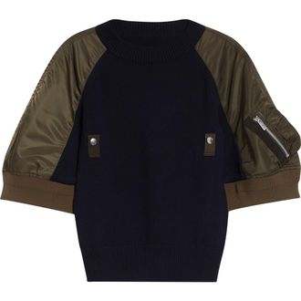 sacai Mixed Media Knit & Nylon Twill Cardigan in Navy/Dark Khaki at Nordstrom, Size 1