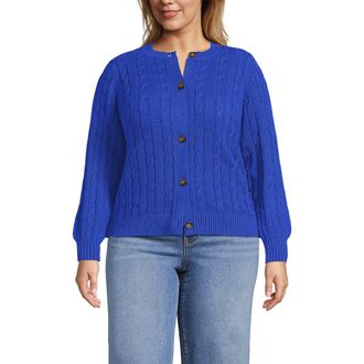 Lands End Drifter Classic Cable Crew Neck Cardigan Sweater in Vibrant Lapis at Nordstrom, Size 2X